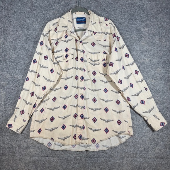 Vintage Wrangler Pearl Snap Eagle Print Western Shirt Size L Cowboy Rodeo Top - Picture 2 of 15